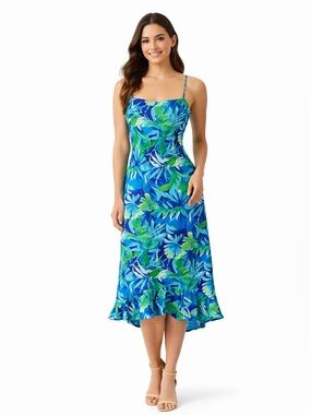 Fairweather Vintage 90s Y2K Tropical Slip Dress Blue Green High-Low Size 4
